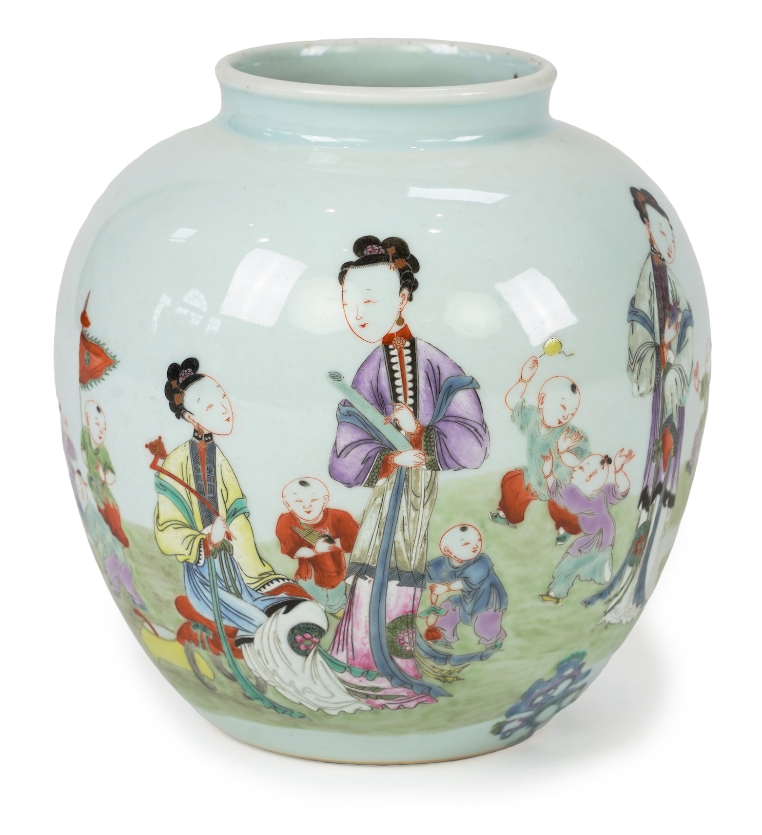 A Chinese famille 'boys' ovoid jar